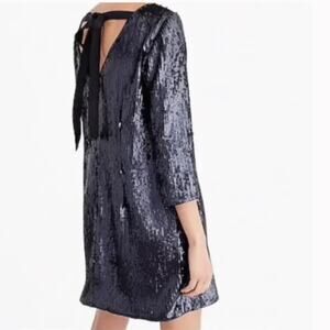 J.Crew Tie V-Back Sequin 3/4 Sleeve Mini Dress Size 4 Navy Holiday Disco NWT